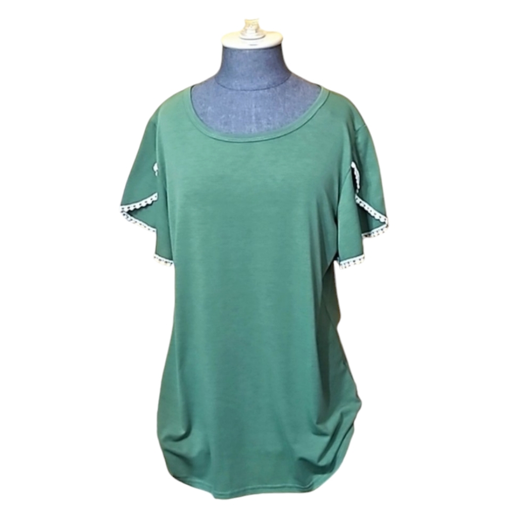 Pom Pom Trim Flutter Sleeve Green Tee Size Large